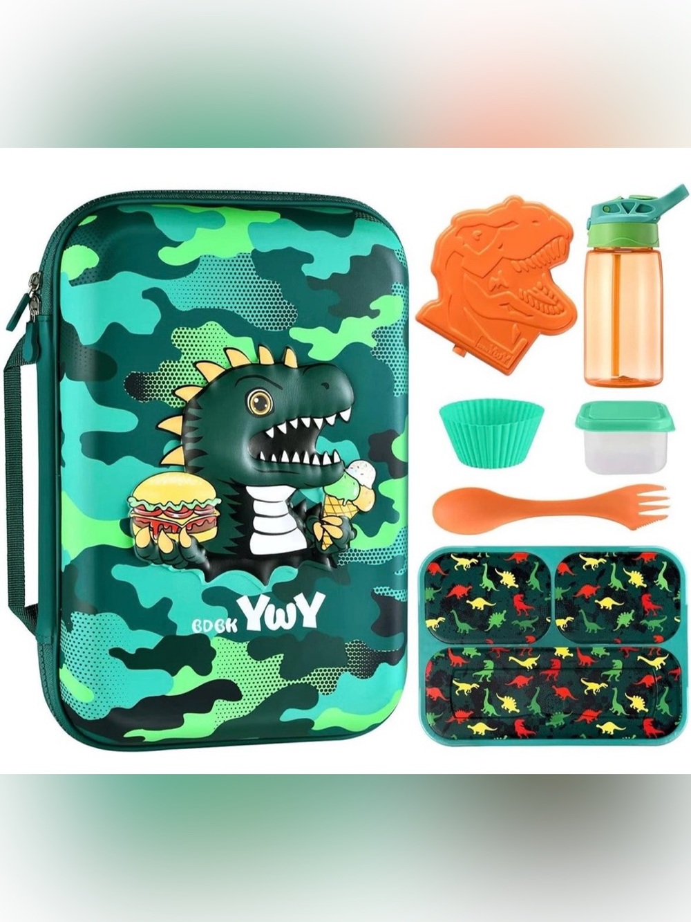 Kid's 3D Dinosaur Lunch Box Set in Teal Camo with Orange Accents